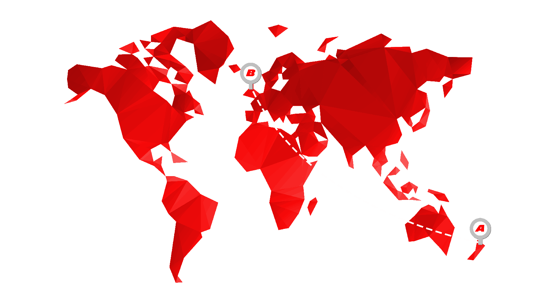 Red Map with Broken Lines Pointing from A to B | Import Car From NZ To UK