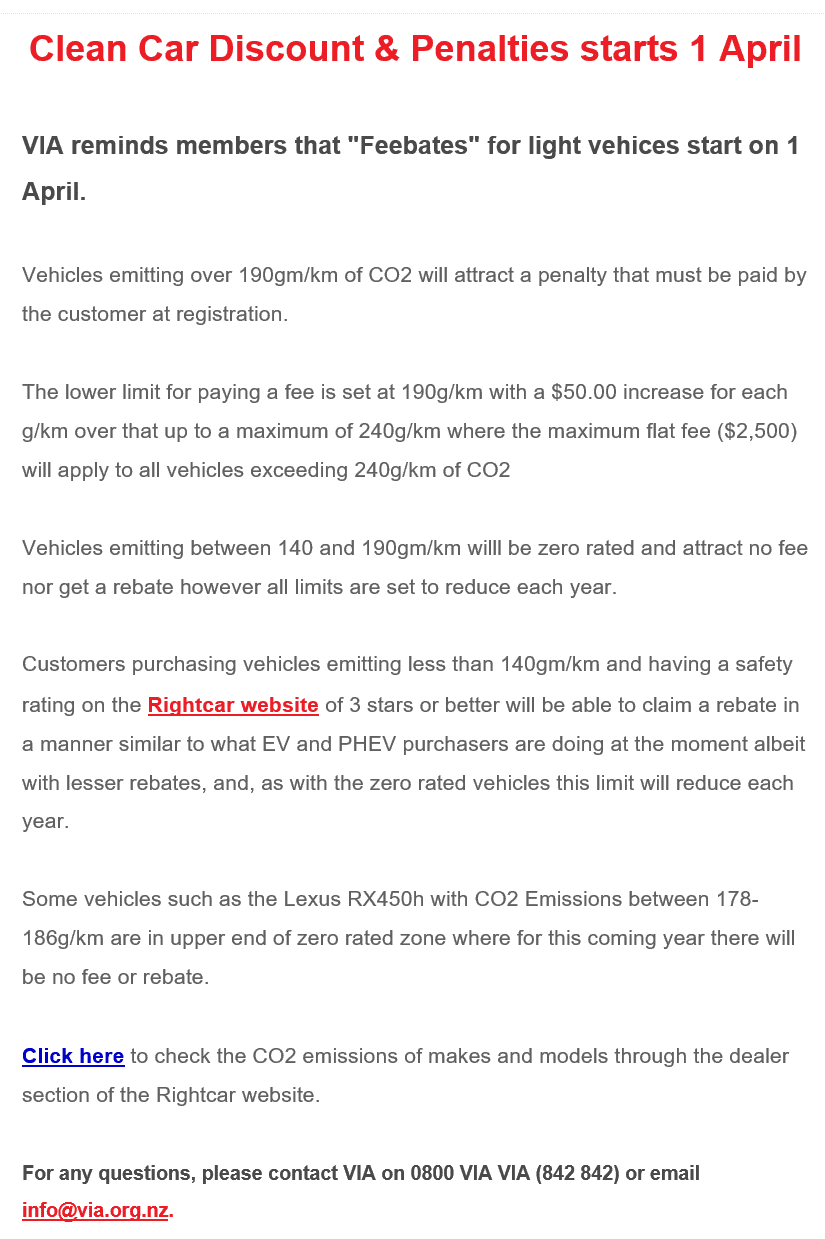 Letter about Clean Car Discount & Penalties starts 1 April
